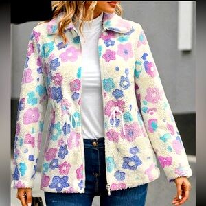 Groovy Retro Floral Zip Up Long Sleeve Boutique Teddy Coat with Pockets New!